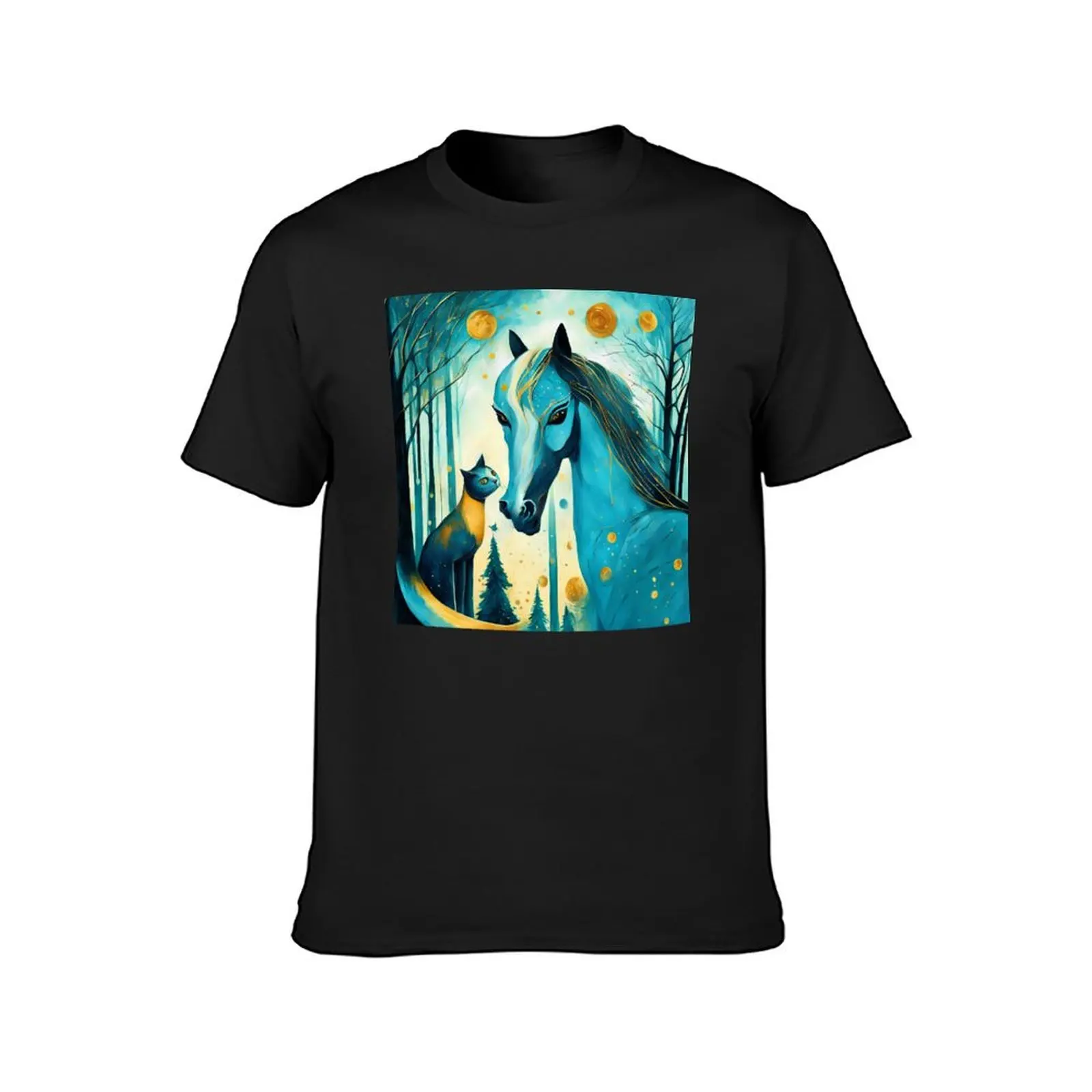 A magical cat and a magnificent horse in a fairytale forest. T-Shirt Short sleeve tee Blouse funnys funny t shirts for men