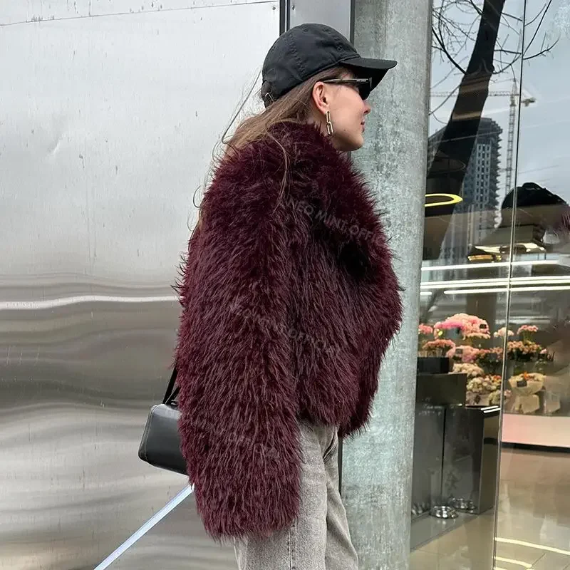 Neo Mint Iconic Blogger Fashion Burgundy Faux Fur Coat Women 2024 Winter Trendy Girls Shawl Collar Lamb Eco Fur Jacket Overcoat