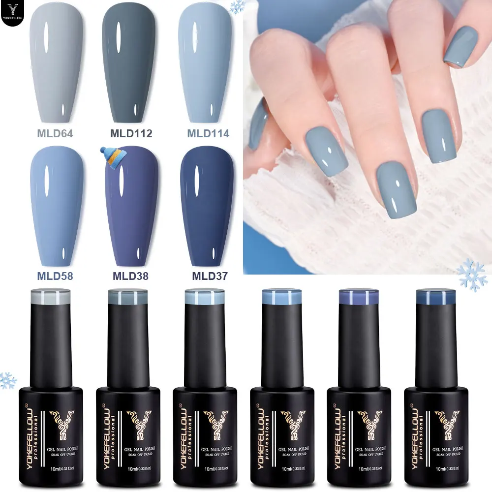 YOKEFELLOW 6PCS Blue Grey Gel Nail Polish Fall Winter Gel Nail Polish Semi Permanent Soak Off Nail Art For Manicure Gel Varnish