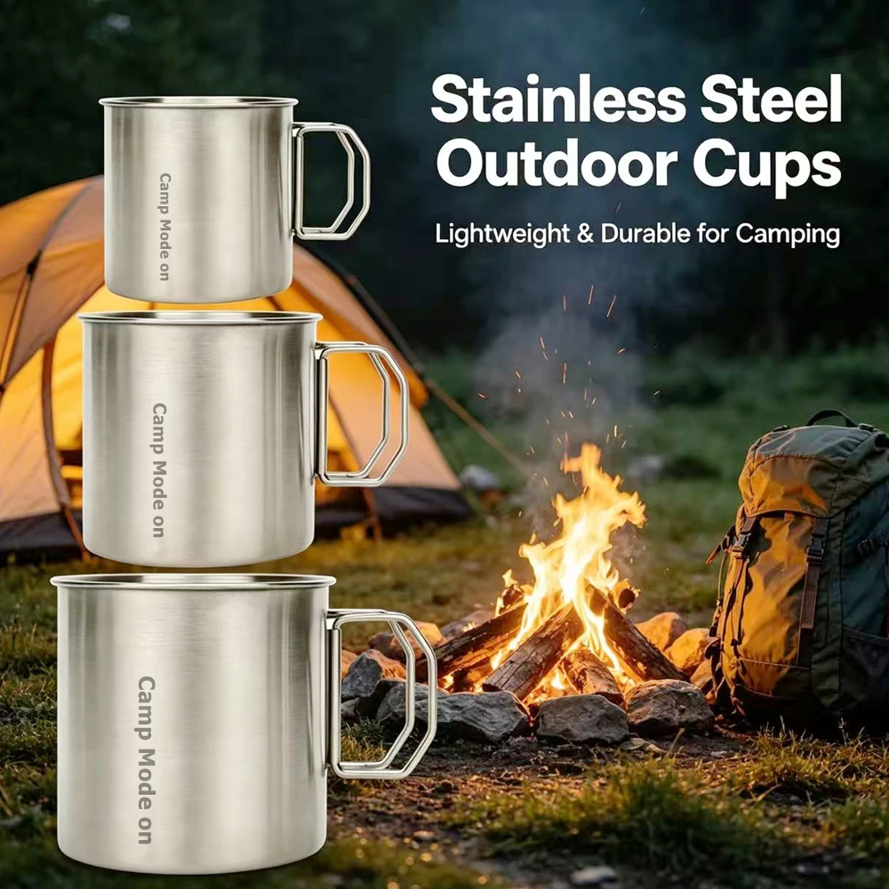 Set of 3 Cup Stainless Steel Camping Mug Lightweight Stackable Metal Coffee Cup with Folding Handles Mesh Bag for Hiking Outdoor