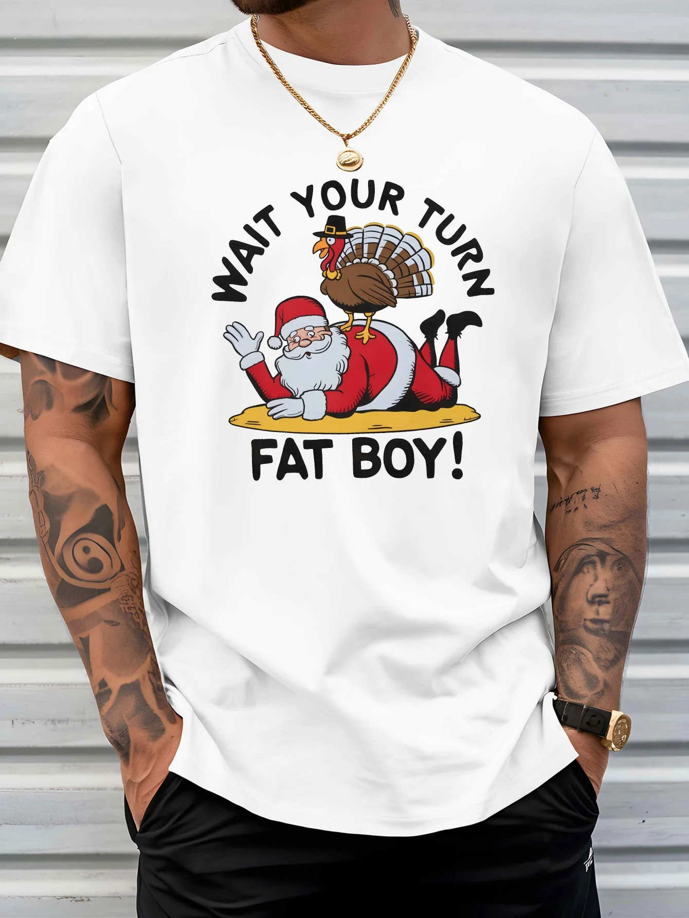 Santa Turkey Wait Your Turn Fat Boy Graphic Mens T Shirt Thanksgiving Xmas Short Sleeve Crew Neck Cotton Tee Holiday Casual Top