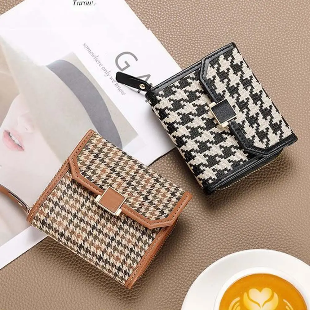 Multi-card Slot 2 in 1 Card Bag Korean Style PU Leather Houndstooth Short Wallet Clutch Bag Card Holder Zipper Coin Purse