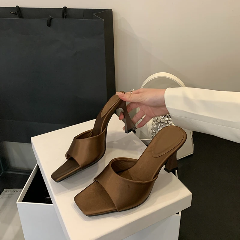 

Summer Satin Square Open Toe Slippers Women Elegant Thin High Heels Banquet Sandals Slip On Mules Female Slides Shoes Zapatillas