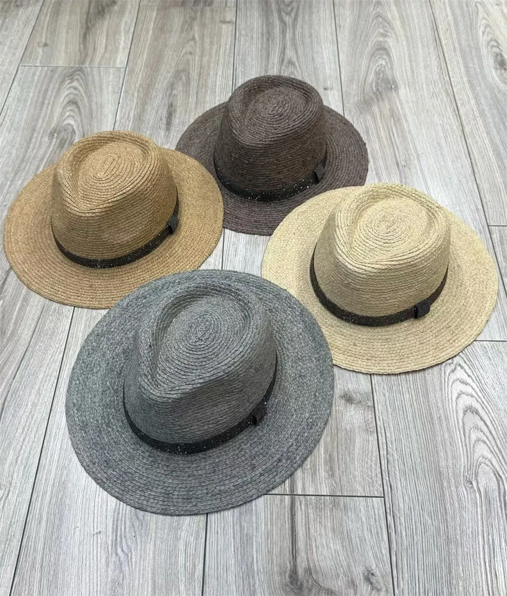 Women Raffia Straw Hat with Beaded Trim Sun Protection Vacation Beach Cap