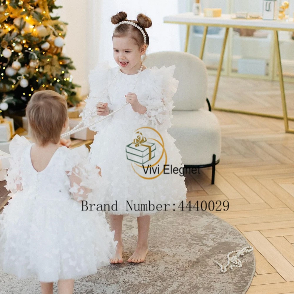 Vestidos blancos de flores con encaje para niñas, vestidos de fiesta de boda de línea A, manga larga, cremallera trasera, 2024