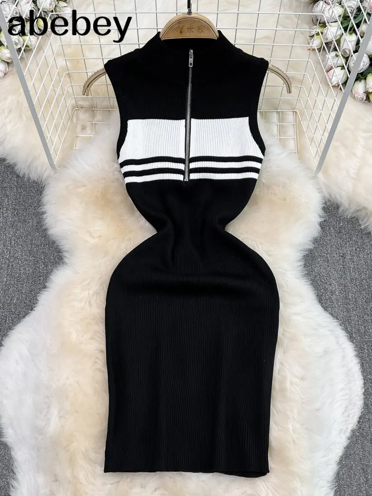 2023 Sexy Summer Knit Strap Dress Women Tank Elatic Waist Bodycon Sundress Female Beach Strip Midi Dress