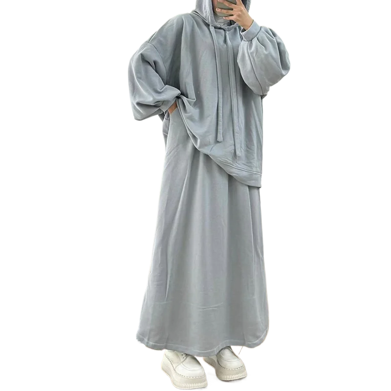 

Muslim 2 Piece Set Women Hooded Top Skirt Suit Hoodie Tops Islam Casual Ensemble Arabic Long Skirts Outfits Dress Sets