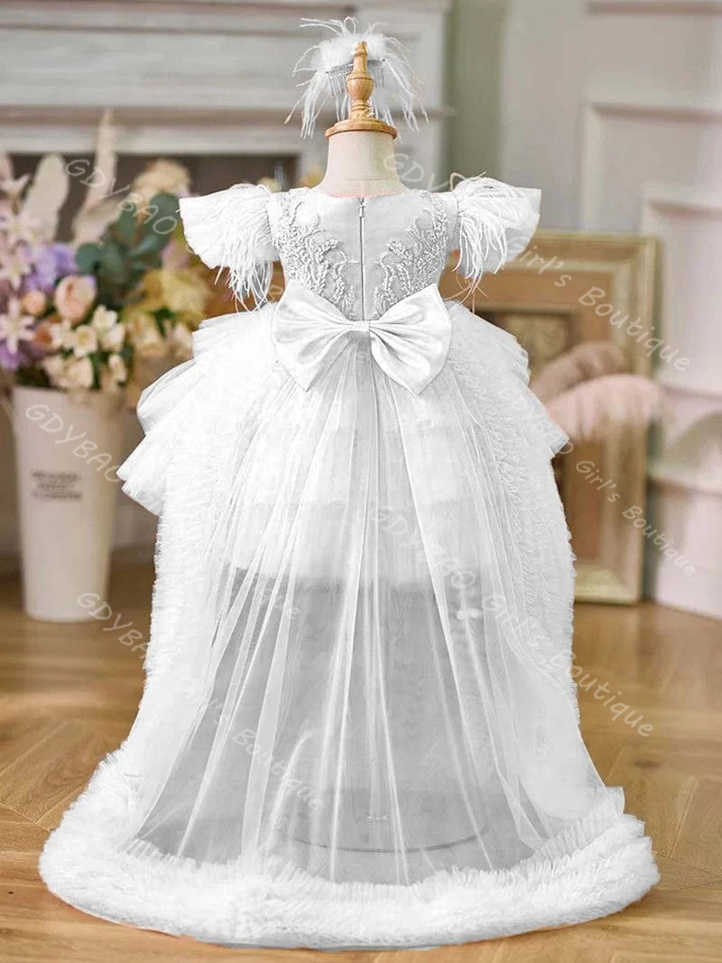 ชุดเดรสวันเกิดเด็กผู้หญิงสีชมพูพร้อมกระโปรงแบบถอดได้ ระบายแบบอสมมาตร ผ้าทูลล์ แขนสั้นแบบหมวก ชุดเจ้าหญิงสำหรับเด็กผู้หญิง  แบบสั่งตัดได้