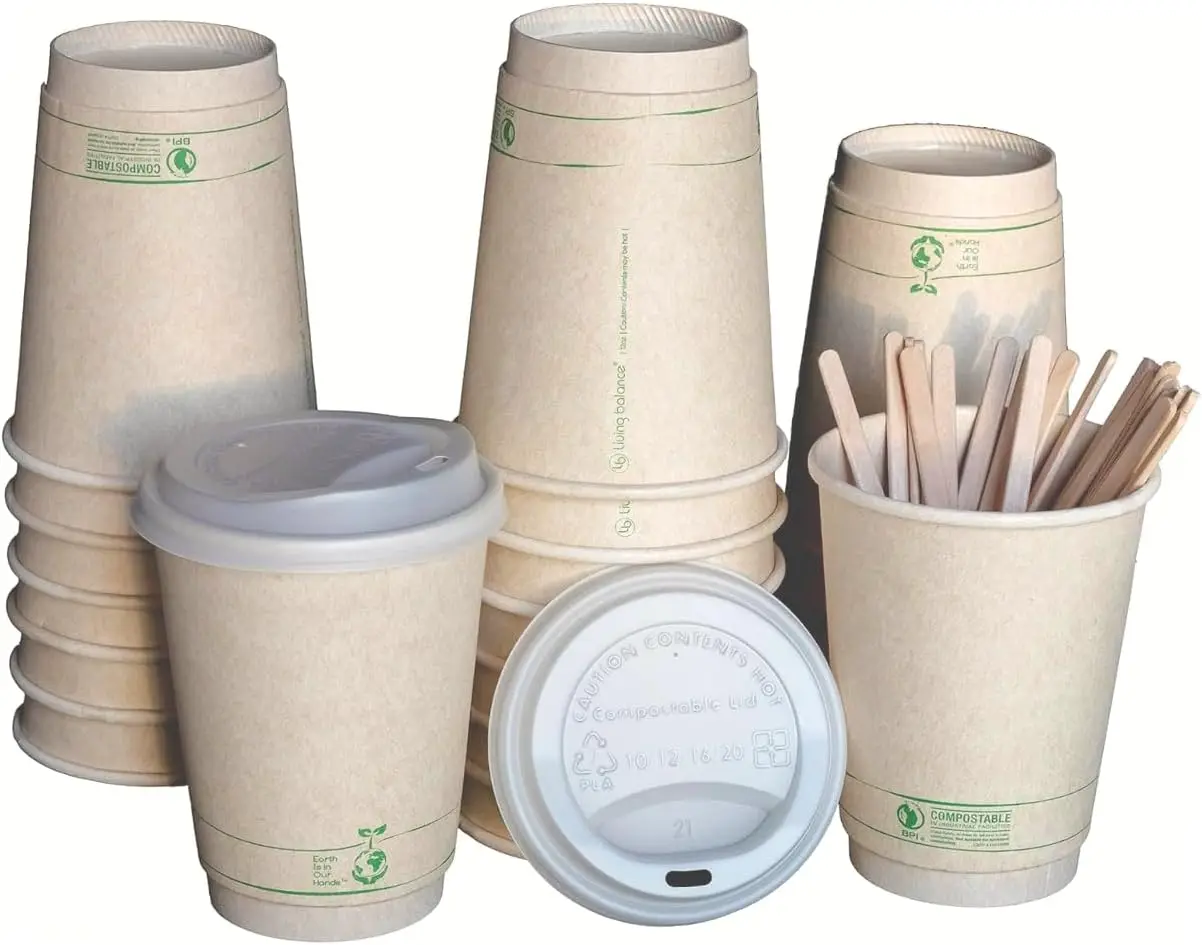 

Compostable Coffee Cups with Lids 12 oz - 100 Pack, Double-Wall Leak Proof for Hot & Cold Drinks