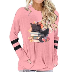 New 2024 Women T-shirt Cartoon Cat with Book Print Long Sleeve Cotton T Shirt Loose Autumn Tops Books Lovers Bookworm Tshirt
