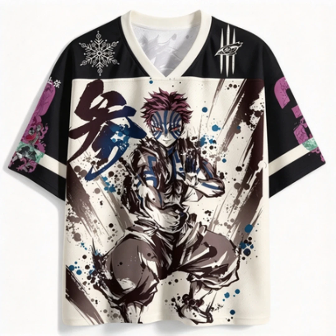 Demon Slayer Akaza Anime Printed Black Cream Mesh V-neck Short Sleeve Ink Washed Pattern Street Style Cosplay Sports Top