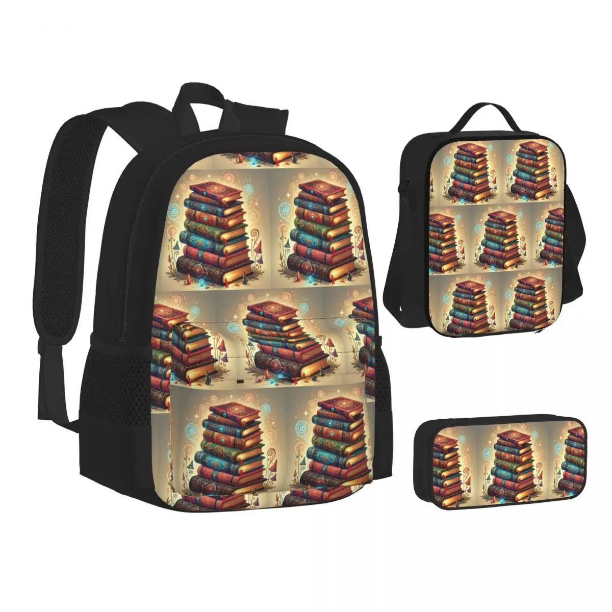 

Ancient Book With Glowing Magic Spells Backpacks Bookbag School Bags Children Rucksack Lunch Bag Pen Bag Three-Piece Set