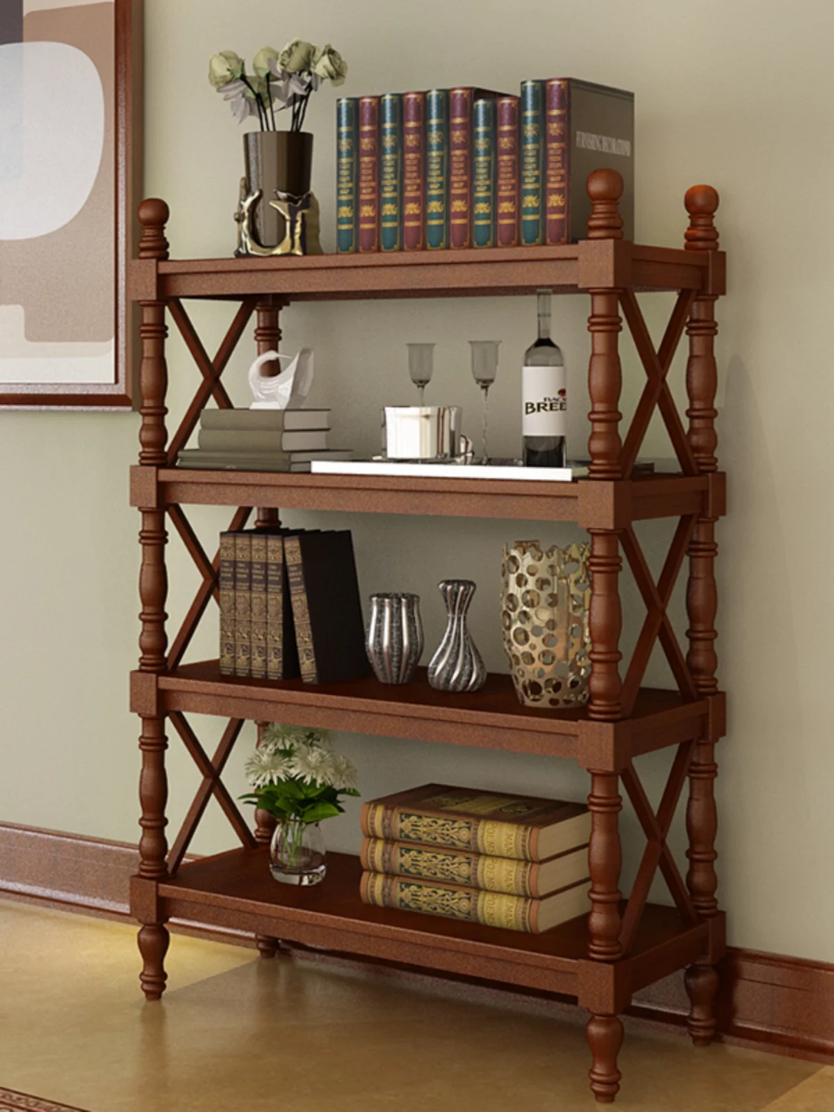 American Solid Wood Bookshelf, Living Room Floor-to-ceiling European Bookcase, Household Multi-layer Shelf, Children's Storage