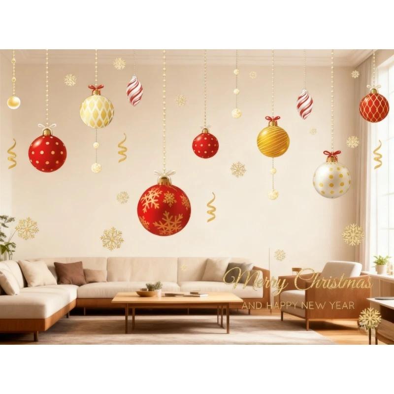 XH6284 Christmas Ball Gold Snowflake Static Window Sticker UV Printed Decoration for Glass Door Wall Beautification Posters