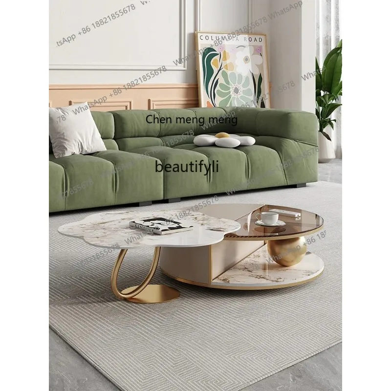 A   R ljt Light Luxury Stone Plate Coffee Table Living Room Home Glass Petals French Creative Small Apartment R