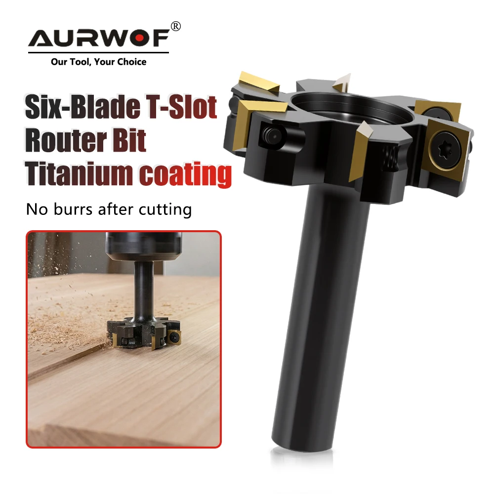 

AURWOF 1/2 Inch Shank 6 Flutes T-Slot Cutter, Black Nano Coated Carbide Woodworking Router Bit for Grooving & Dado Cutting X13FA