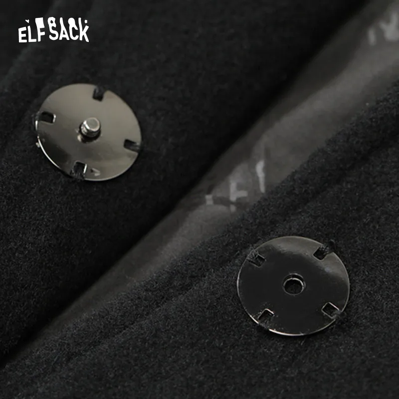 ELFSACK Black Spliced Wool Coats Women 2022 Winter Mid-length Outwears