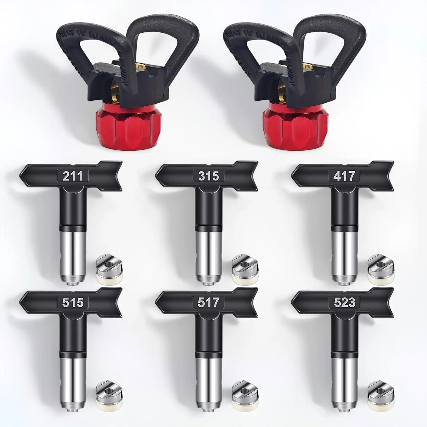 8個入りエアレスペイントスプレーヤーチップキット-6種類のノズル（211-315-417-515-517-523）-2個のチップガード