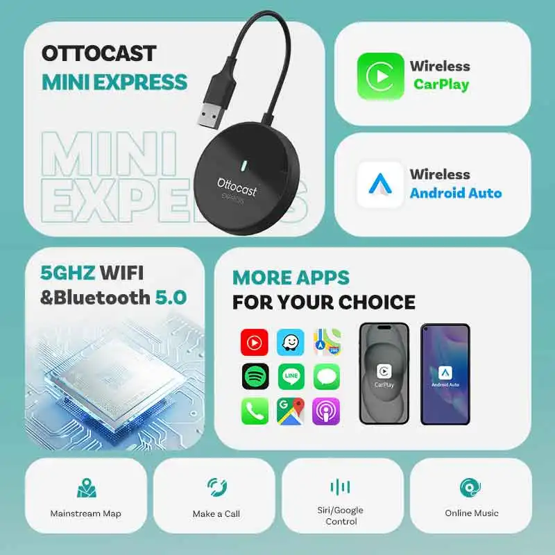 OTTOCAST Express MINI 2 in 1 Wired to Wireless CarPlay Android Auto Adapter Dongle Car Accessorie for Toyota Honda Nissan Suzuki