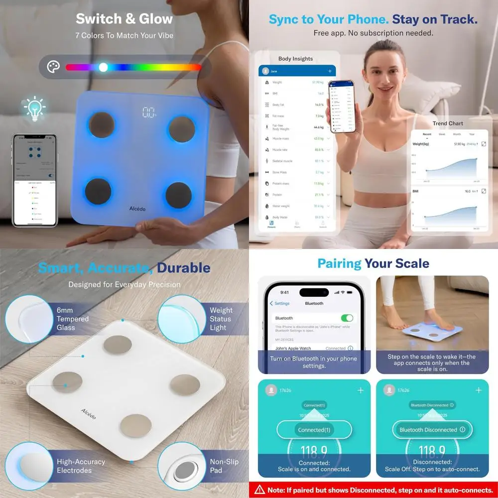 

Цифровые весы с Bluetooth: отслеживание ИМТ, жира, мышечной массы, изменение цвета, грузоподъемность до 400 фунтов.