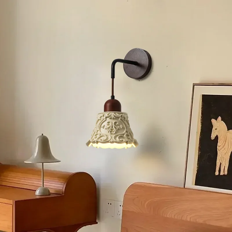 Resin pattern wall lamp LED solid wood residential bedroom bedside lamp living room background wall lamp