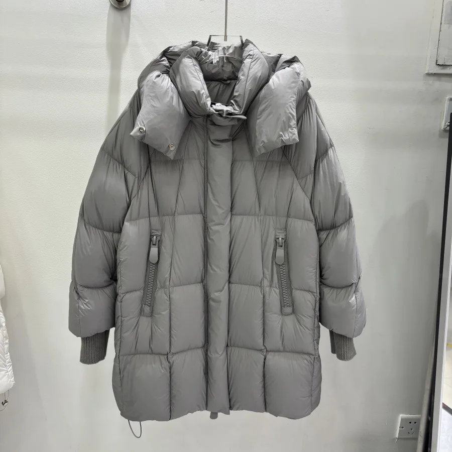 

Winter Loose Hooded Mid Length Down Jacket Women White Duck Down Zipper Parker Outwears Female Thicken Warm Drawstring Jackets