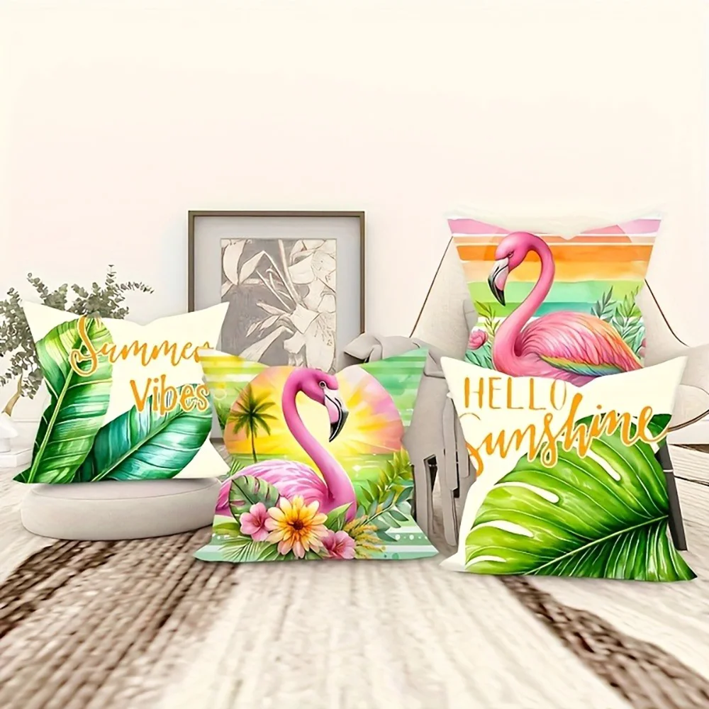 أغطية وسائد بطبعة أوراق الفلامنغو الاستوائية الصيفية: Hello Sunshine، غطاء وسادة أريكة المشاعر الصيفية لتزيين غرفة المنزل