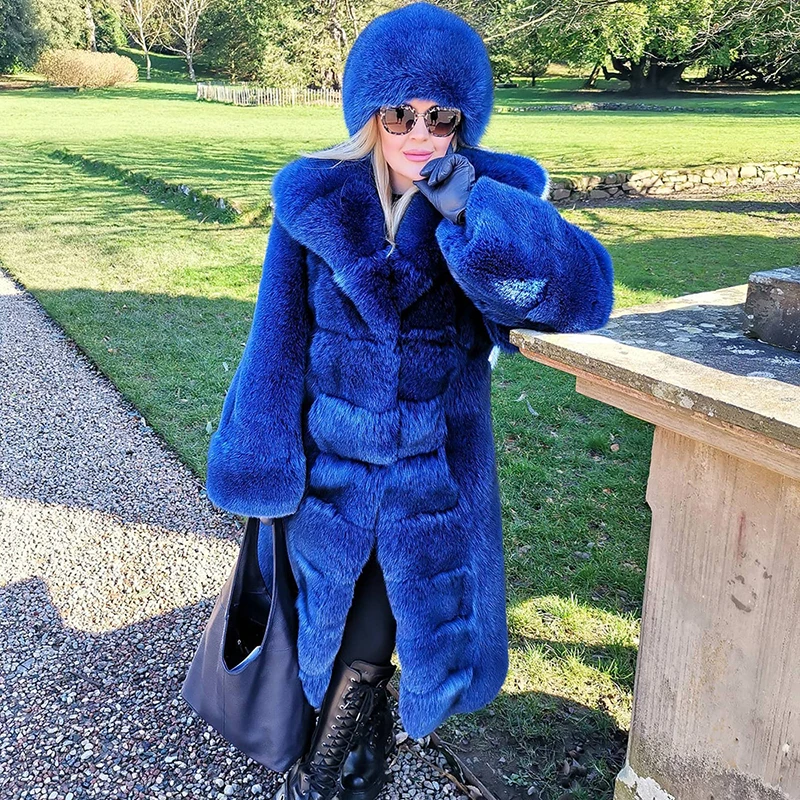 Genuine Blue Fox Fur Coat Women Winter Luxury Thicken Outertwear Big Lapel Long Sleeve Real Noble Fox Fur Jacket Female