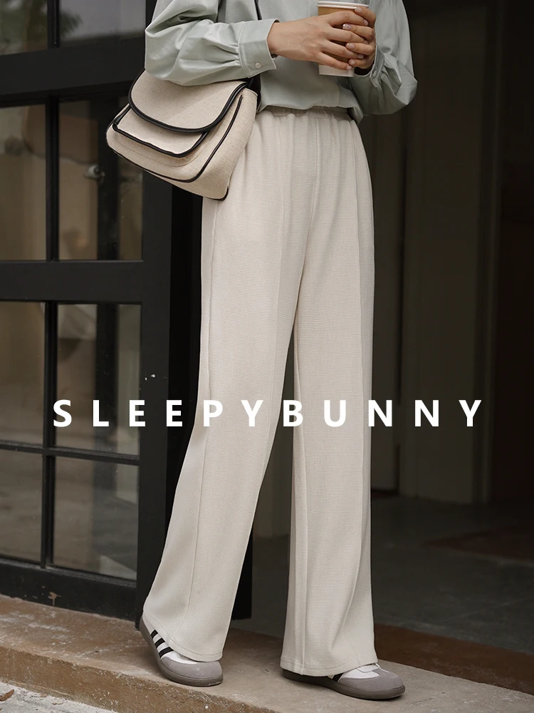 High Waist Wide Leg Trousers Winter Straight Knit Pants Women Petite Elegant Suit Bottoms Loose Casual Draped Long Office Wear