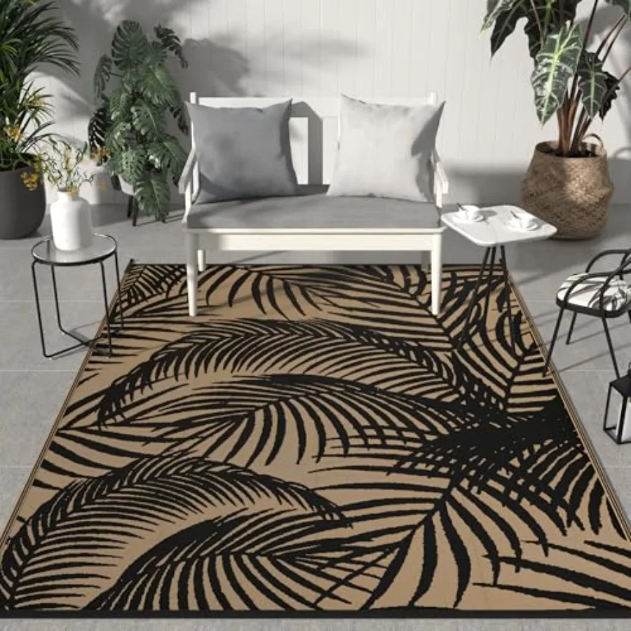 

Outdoor Rug 9' x 12' for Patio, Deck, Balcony, Beach Picnic Waterproof Reversible Plastic Straw Mat, Lightweight Black Brown Ca