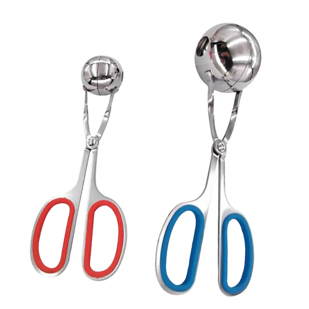 2Pcs Meat Ball Clip Stainless Steel Convenient Kitchen Meatball Maker Scissor Shape Quick Release for Home Restaurant Red S Blue