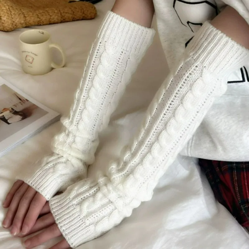 Korean Thick Knitted Arm Warmers Gloves Women's Long Fingerless Gloves Cable Pattern Full Arm Sleeves Winter Warm