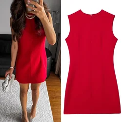 Women's Sewing Decorative Slim Round Neck Midi Dress Retro Sleeveless Simple Women's Dress Mujer2024 Summer New Fashion