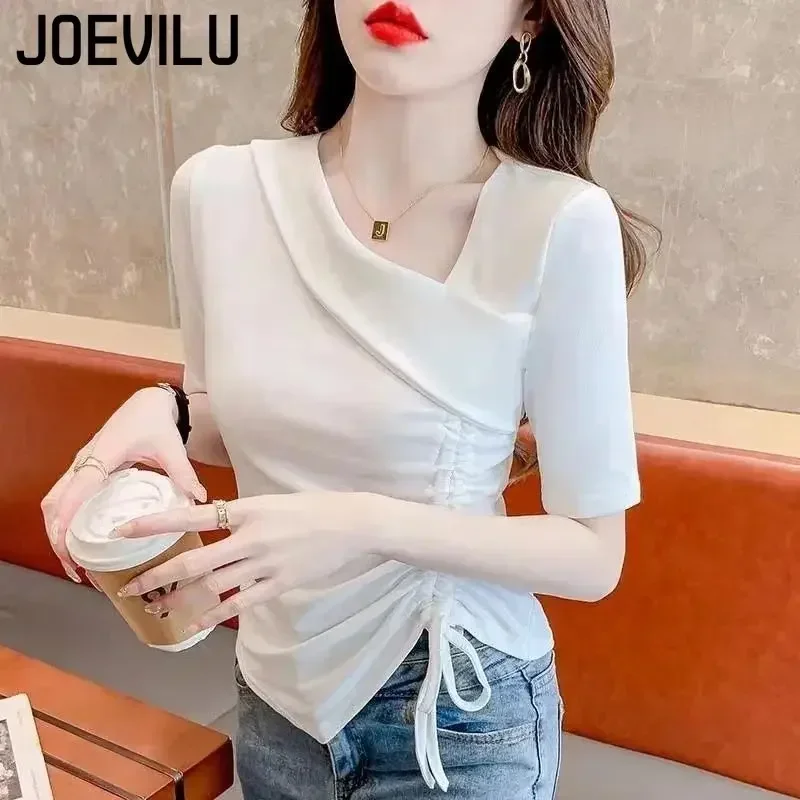 Chic Short Sleeved T-shirt V-neck Slimming Irregular Drawstring Design Crop Tops Women\'s Summer Korean Elegant Asymmetric Blouse