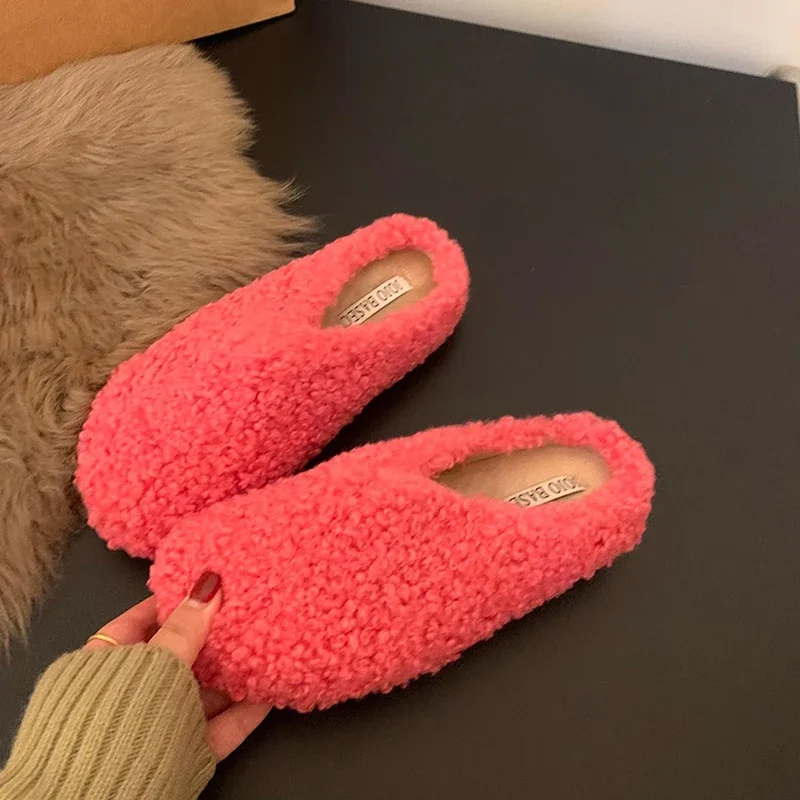 Winter Warm Bont Vrouwen Muilezels Slippers Casual Cover Teen Dames Comfort Zachte Zool Flats Huis Katoenen Schoenen