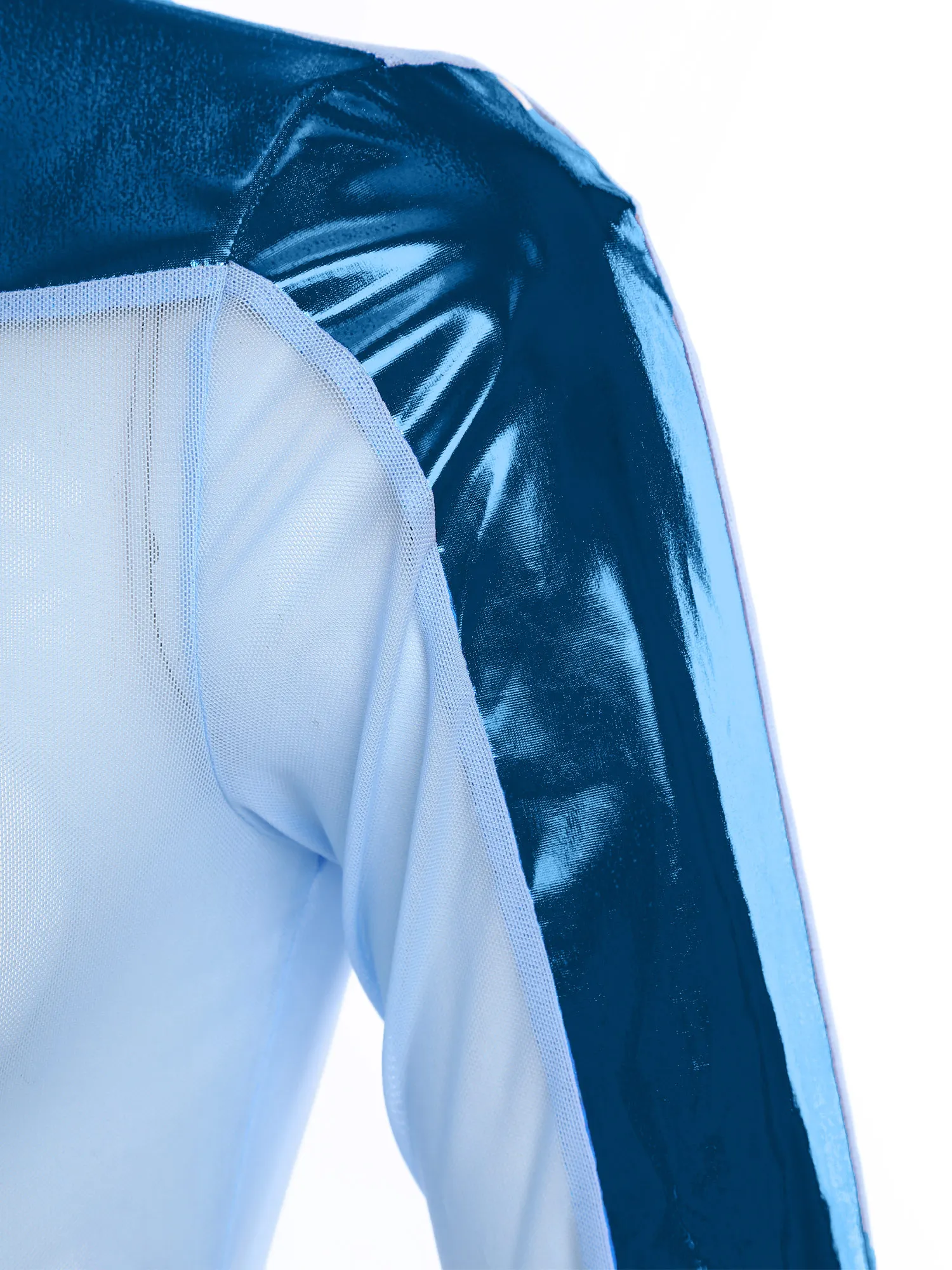 

Men Shiny Metallic Crop Top Crew Neck Long Sleeves Front Zipper Half Tops See Through Mesh Tops Glitter Top Club Wear