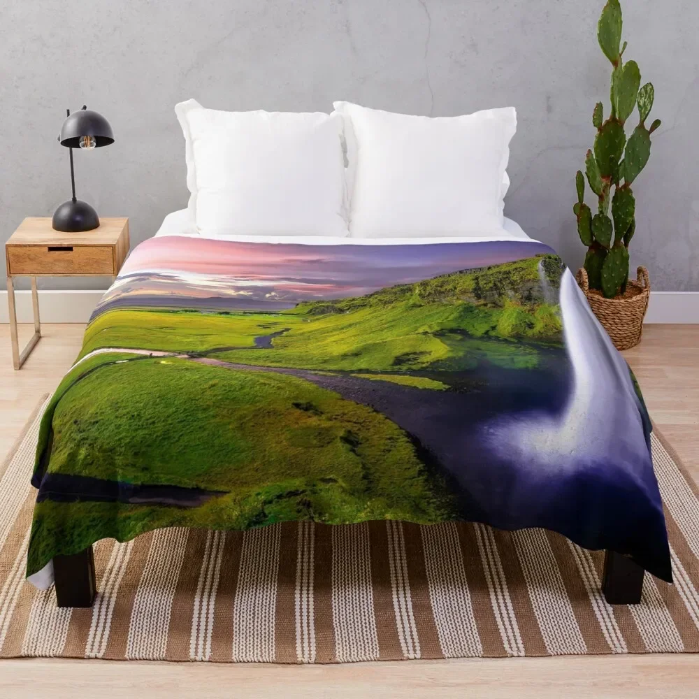 Iceland Seljalandsfoss waterfall and surrounding green cliff landscape nature color photograph Throw Blanket