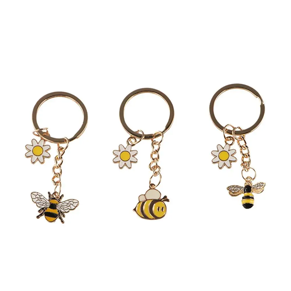 Creative Cute Bee Flower Key Ring Cartoon Funny Garden Key Chains Backpack Decor Charms Metal Enamel Pendant Jewelry Gifts
