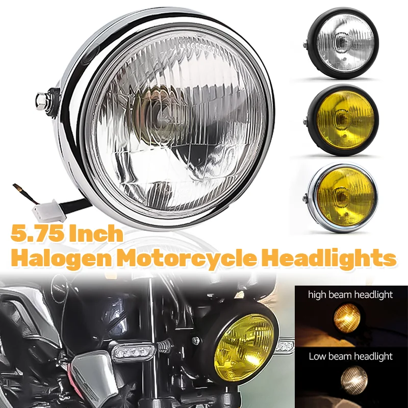 Faro Retro para motocicleta de 5,75 pulgadas, faro Universal modificado de luz alta y baja, carcasa de Metal, pantalla de cristal, lámpara redonda para motocicleta