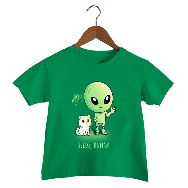 Hello Human Print T Shirt Baby Boys Funny Alien UFO T-shirt Cute Cat Graphics Kids Clothes Girls Harajuku Summer Streetwear Top