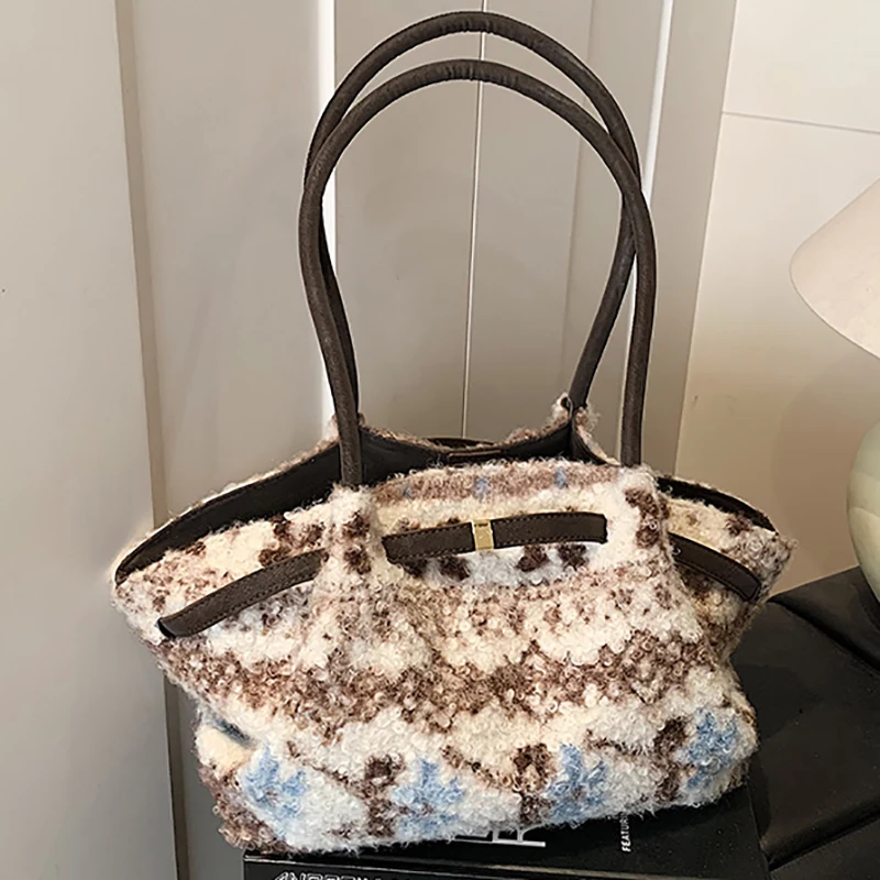 

Winter Striped Woolen Tote Bag Women's Single-Shoulder Bag Soft Large Capacity Casual Shoulder Bag, Fluffy Bag for Commuting