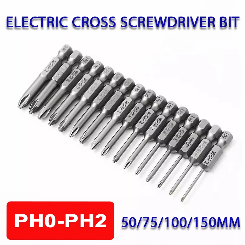 

Electric Cross Screwdriver Bit 50/75/100/150mm PH0/PH1/PH2 Phillips Magnetic Batch Head Hex Shank Impact Screwdriver Drill