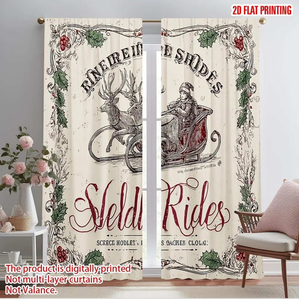 2pcs,2D plane printing Minimalist Curtains Vintage Christmas Carriage Versatile Fabric (without rod) Outdoor Decorations Ldeal