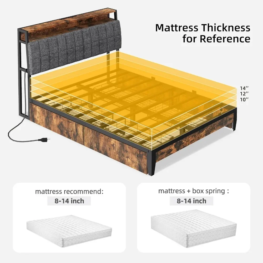 Tamanho Completo Estofados Plataforma Cama Frame, Armazenamento Cabeceira, Metal Frame, Ripas De Madeira, Estação De Carregamento, 4 Gavetas