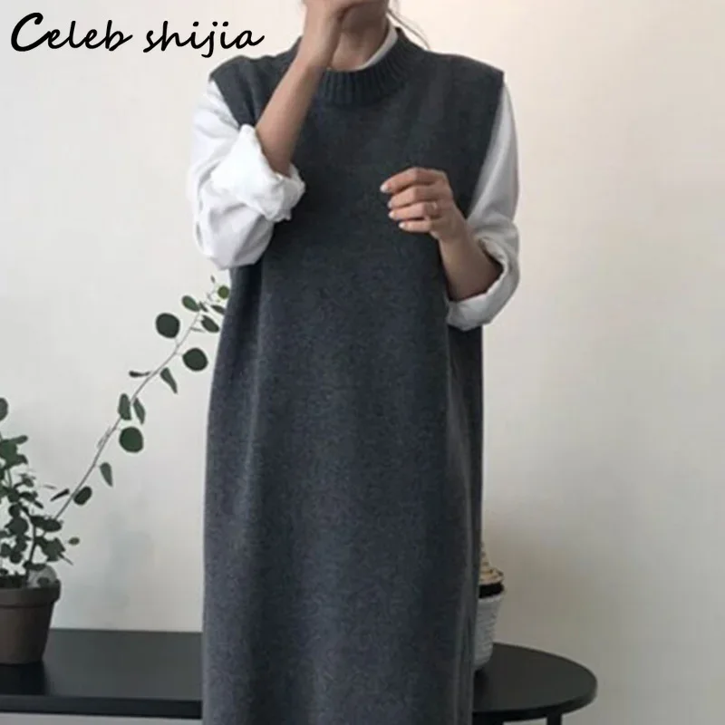 Gray Vintage Long Jumper Women Autumn  Sleeveless Oversized Sweater Dress Female Winter Warm Korean Chic Black Pullover