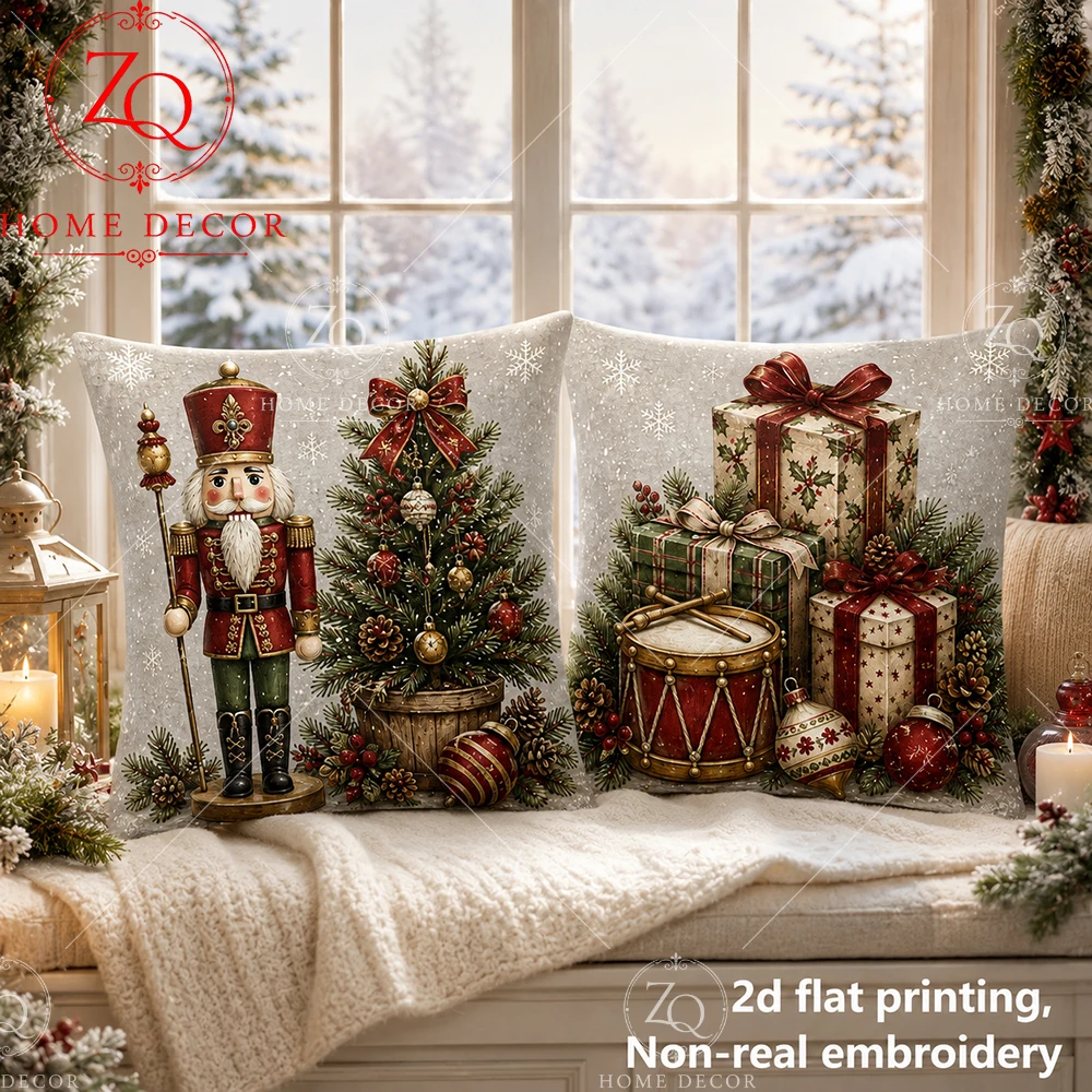 Vintage Christmas Nutcracker Xmas Tree Gift Throw Pillow Covers Soft   Winter Holiday Decorative Cushion Cases For Sofa Bedroom