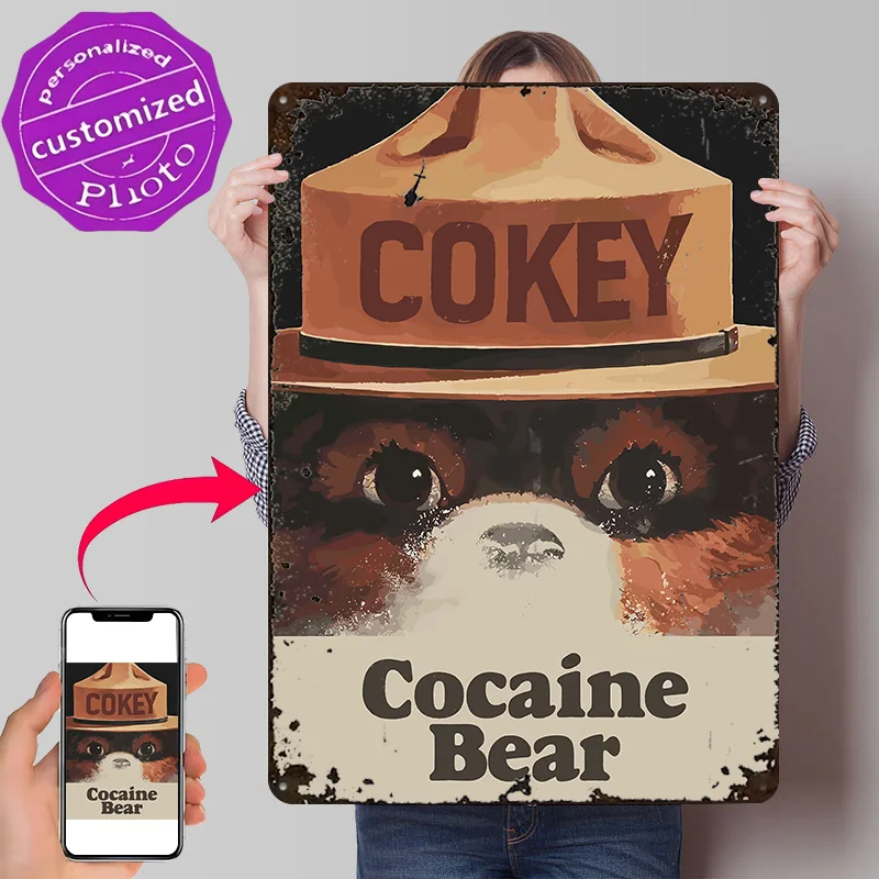 Cokey Cocaine Bear Parody Art Personalized 3D Textured Metal Poster Wall Art Tinplate Sign for Modern Home Decoration Luxury