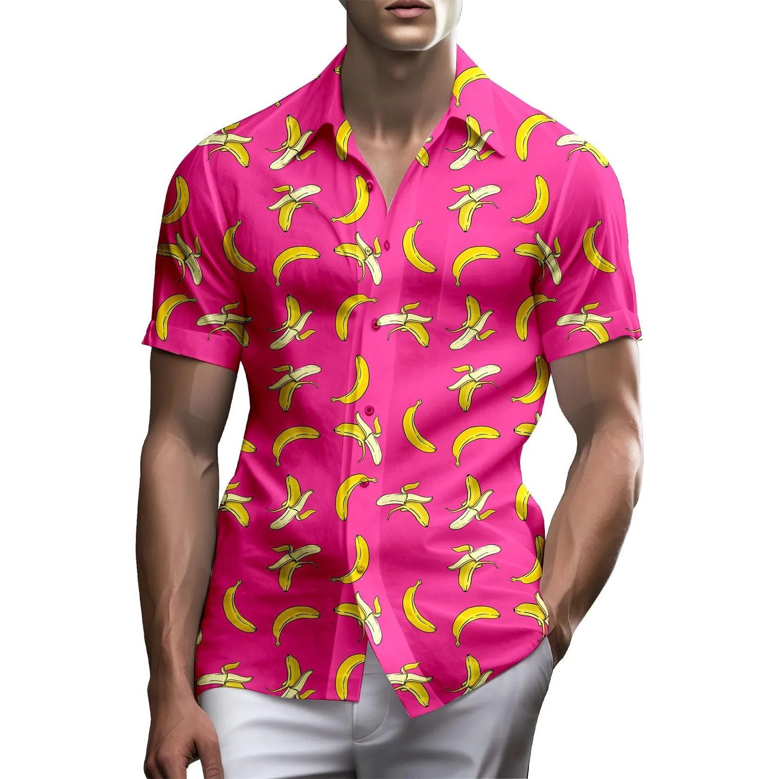 Camisas divertidas de plátano para hombre, camisas hawaianas informales de manga corta con estampado de patrones en 3D, camisetas para vacaciones en la playa, camisa social para hombre