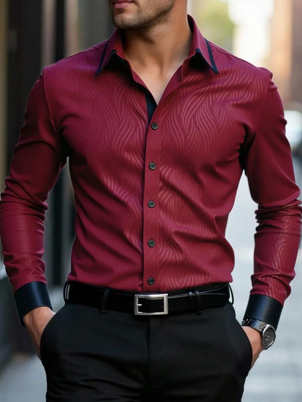 Men's Elegant Long Sleeve Shirt, Autumn Fashion Casual Business Stand Collar Shirt, Suitable for Parties, Weddings, Commuting, a