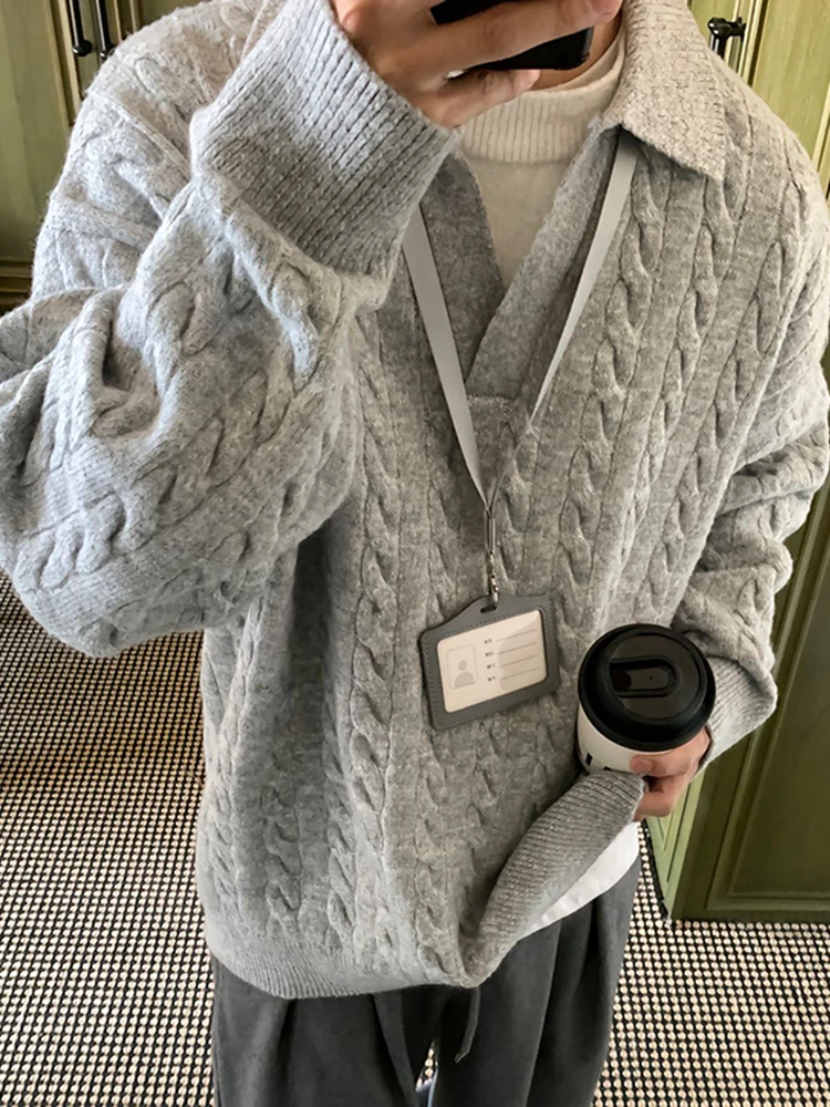 Gray Knitted Sweater Men's Winter Lazy High-End Korean Style V-Neck Inner Wear Non-Ball Resistant Faux Two-Piece Design